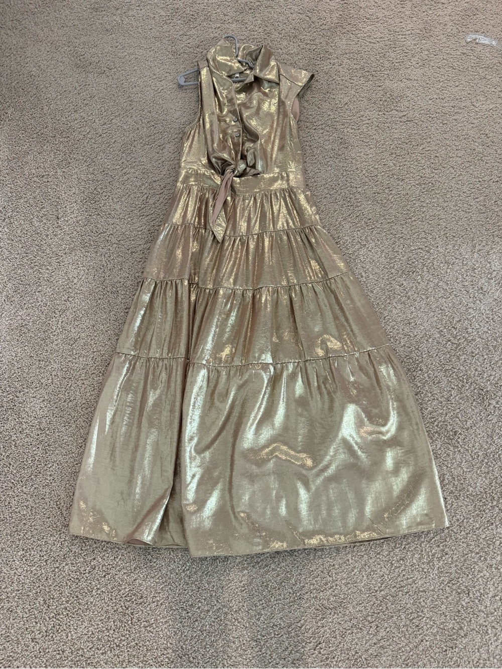 Girls Metallic Gold Tiered Sleeveless Dress with Tie Waist